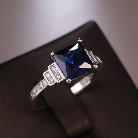 925 Sterling Silver Square Cut Royal Blue CZ  Ring - Picture 2 of 11